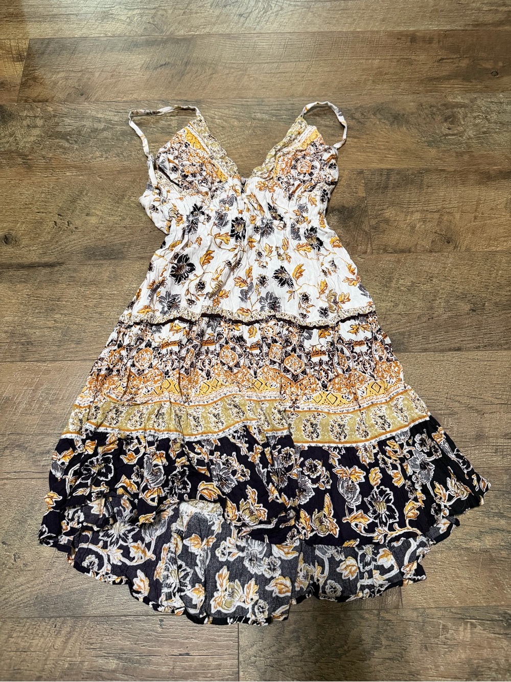 Angie Floral Tiered Mini Dress in White, Black & Mustard